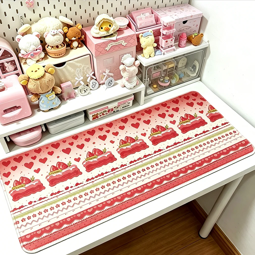 Leather Desk Pad Protector Y2k Pink Strawberry Cake Cream Bow Mouse Pad Office Desk Mat Non-Slip PU Desk Blotter Pad