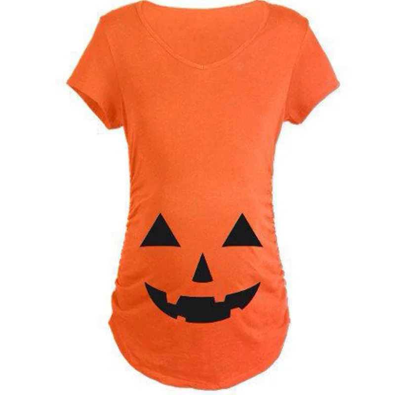 Pregnant Maternity Clothes Halloween Pumpkin Face Pattern Print Tee For Woman Short Sleeve T Shirts Top Casual Fashion Pregnancy