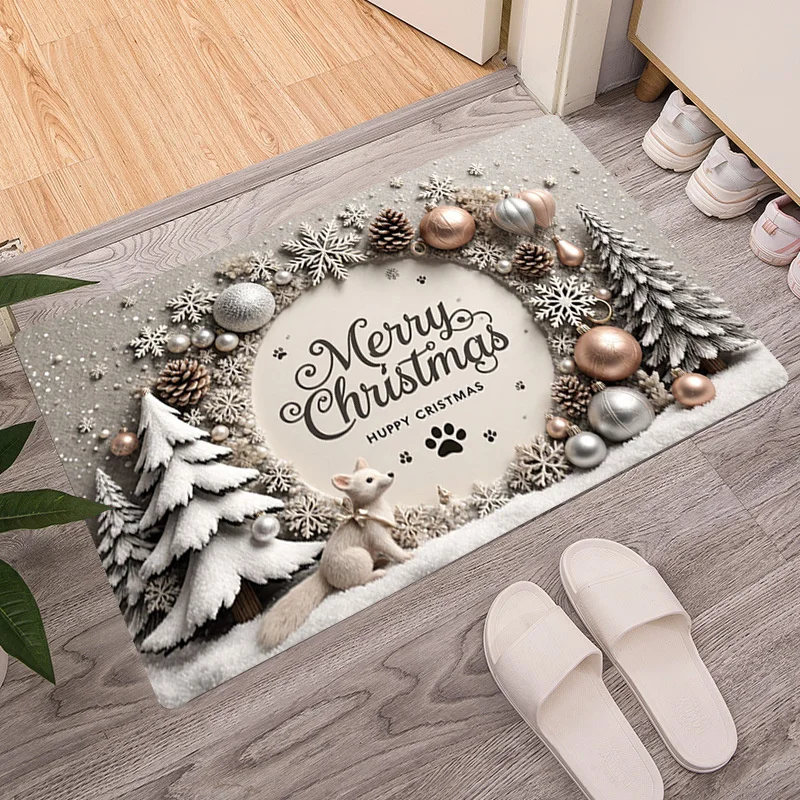 Glitter Golden Reindeer Star Bauble Snowflake Graphic Anti Slip Front Porch doormat Red Tone Merry Christmas Seasonal Decor