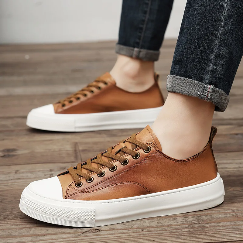 Men's Genuine Leather White Sneakers Breathable Comfortable High-End Light Luxury Top Layer Cowhide Skateboard Shoes Loafers