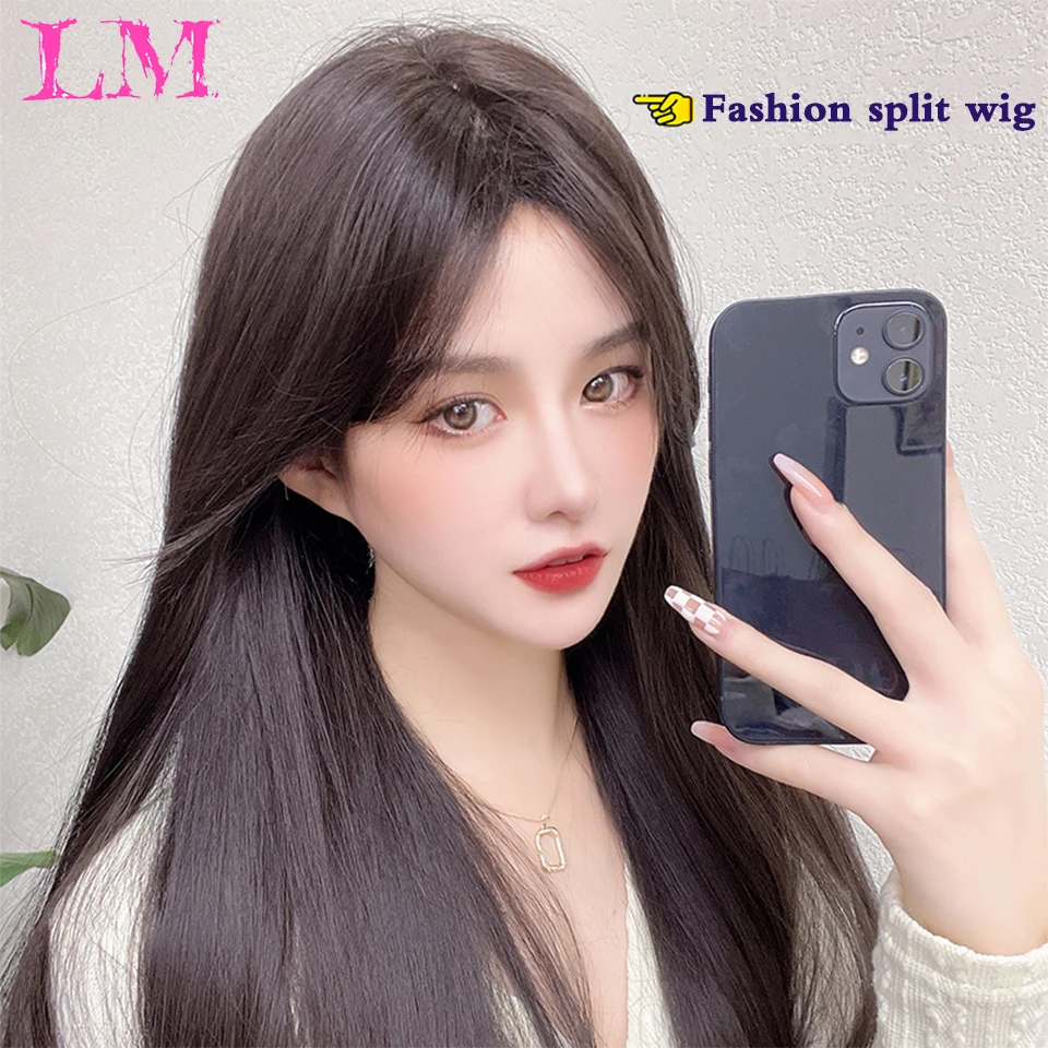 LM Women Wig Blcak Long Straight Hair Wig With Center Bangs Lolita Daily Wear Synthetic Heat-resistant Mid-length Wigs