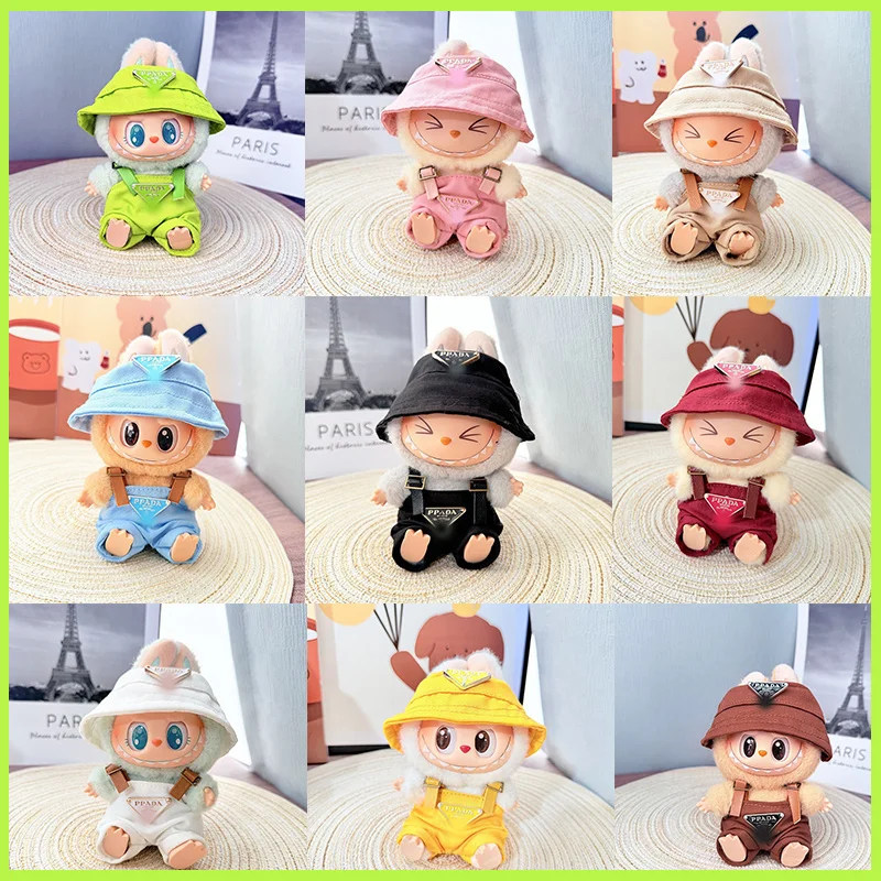 

For 17cm Labubu Mini Doll Clothes Inverted Triangular Overalls Set Fisherman Hat Overallsset Sitting Party I II Clothes