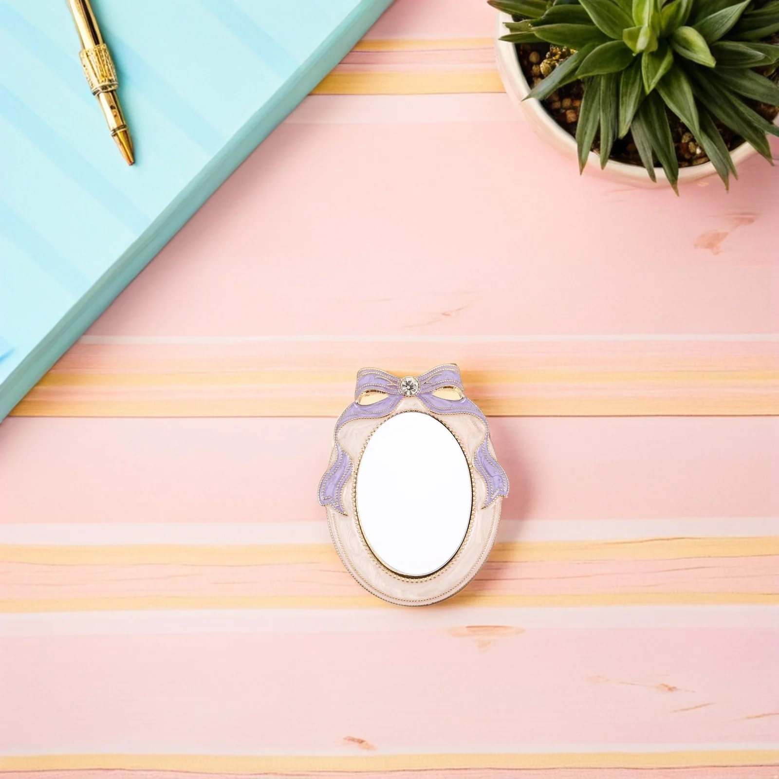 Vintage Taschen-Make-up-Spiegel, Mini, tragbar, kompakt, mit Strasssteinen, Schleife, Reisegröße, Retro-Stil, Make-up-Spiegel für Mädchen