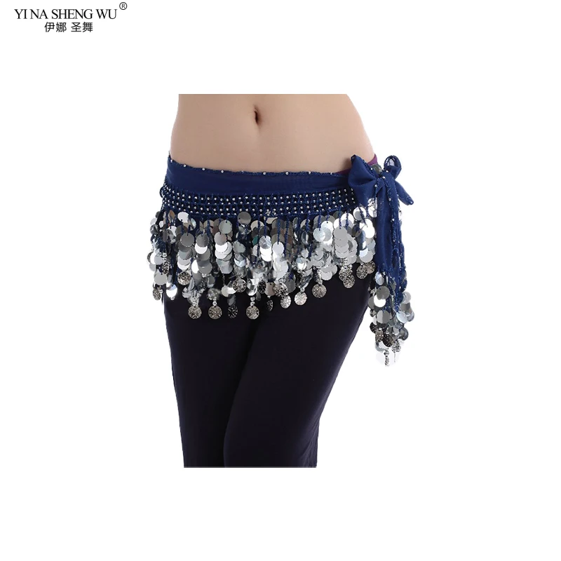 New Sequined Belly Dance Chiffon Waist Chain Silver Copper Coin Waist Scarf Indian Dance Performance Clothing Accessories