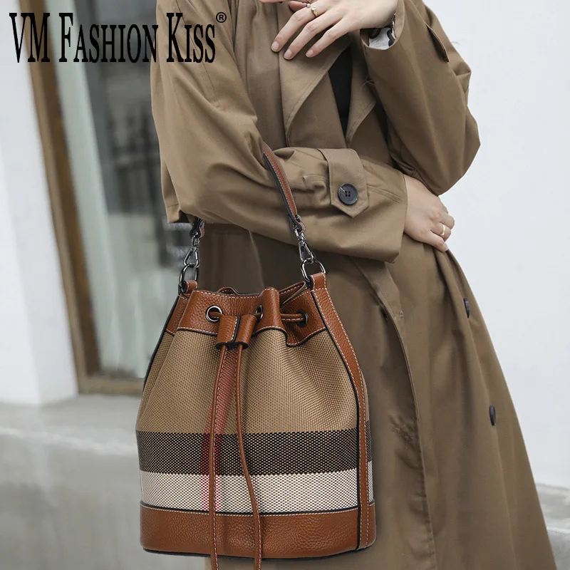 

Women Bucket Bag Classic Checkered Canvas + Genuine Leather Drawstring Handbag All Seasons Shoulder Crossbody Bag Trends Ladies