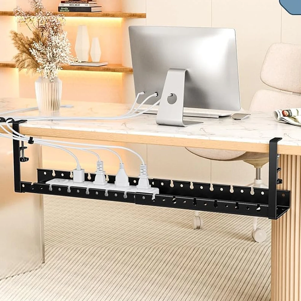 

No Drill Sturdy Steel Under Desk Cable Management Tray Retractable Metal Cable Tray Storage Rack for Power Strip Wires Organizer