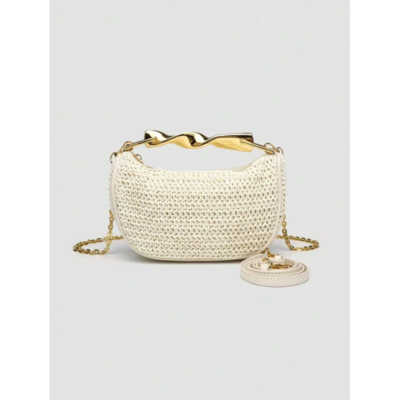 1 قطعة ، وصول صيفي جديد ، نسائي ، مقبض معدني صغير كروسبودي سحاب ، حقيبة صغيرة منسوجة من القش ، لادي عادية