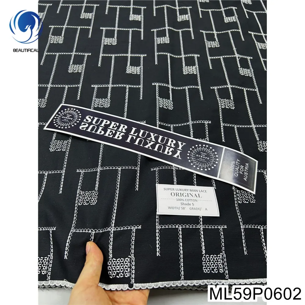 Luxury Embroidery Black Super Cotton Fabric High Quality Tribute Silk Polish Lace African Swiss Dress Size 5 ML59P06