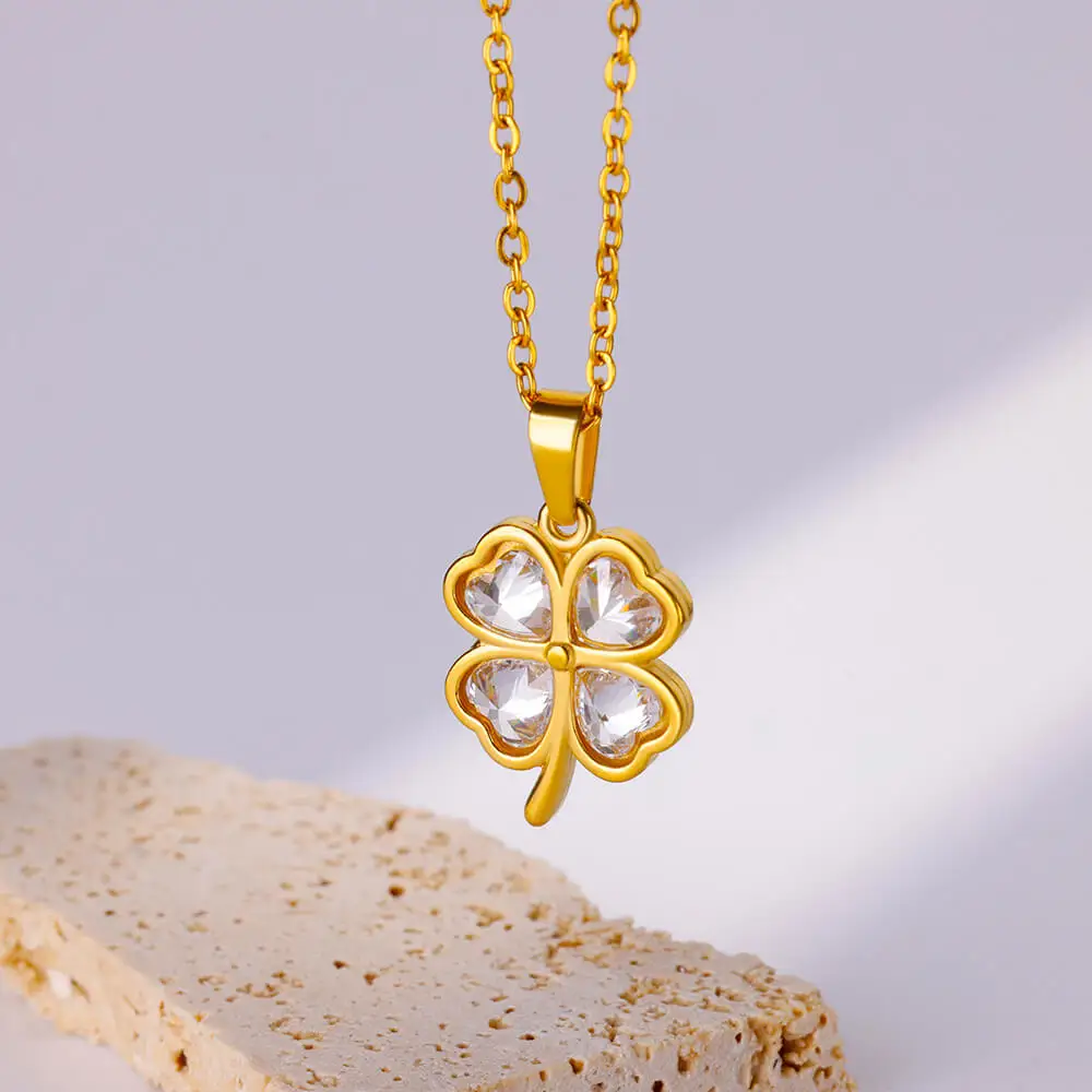 Green Zircon Four Leaf Clover Pendant Stainless Steel Necklaces For Women Quality Chain Necklace Gift For Women collares mujer