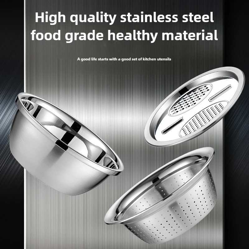 

Professional Stainless Steel Slicing Bowl Set - Draining Basket &Vegetable Strainer Thickened Multi-Use Kitchen Basin Combo