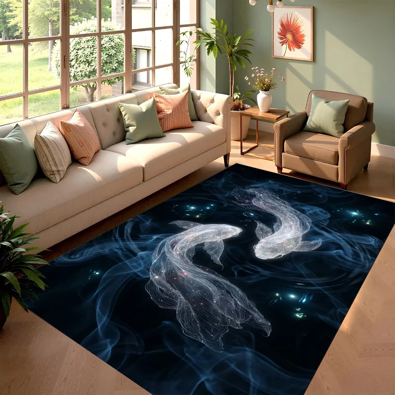 Galaxy Koi Fish Rectangular Carpet Mysterious Starry Sky Marine Pattern Decorative Floor Mat for Living Room Bedroom Home Decor