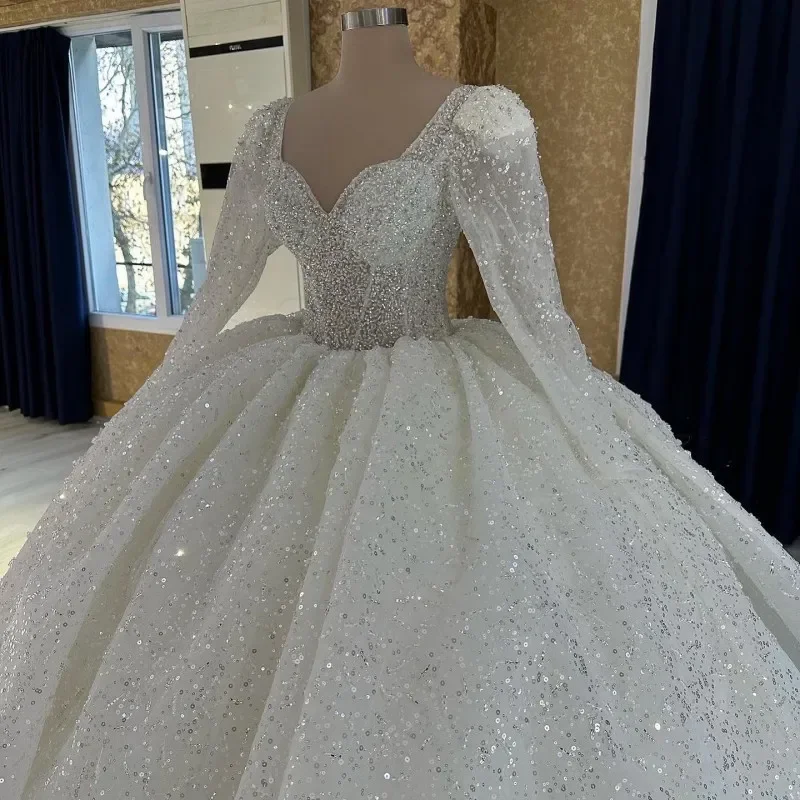 Vestido De Novia blanco De encaje con lentejuelas, traje De princesa De manga larga con escote corazón, De lujo, 2024