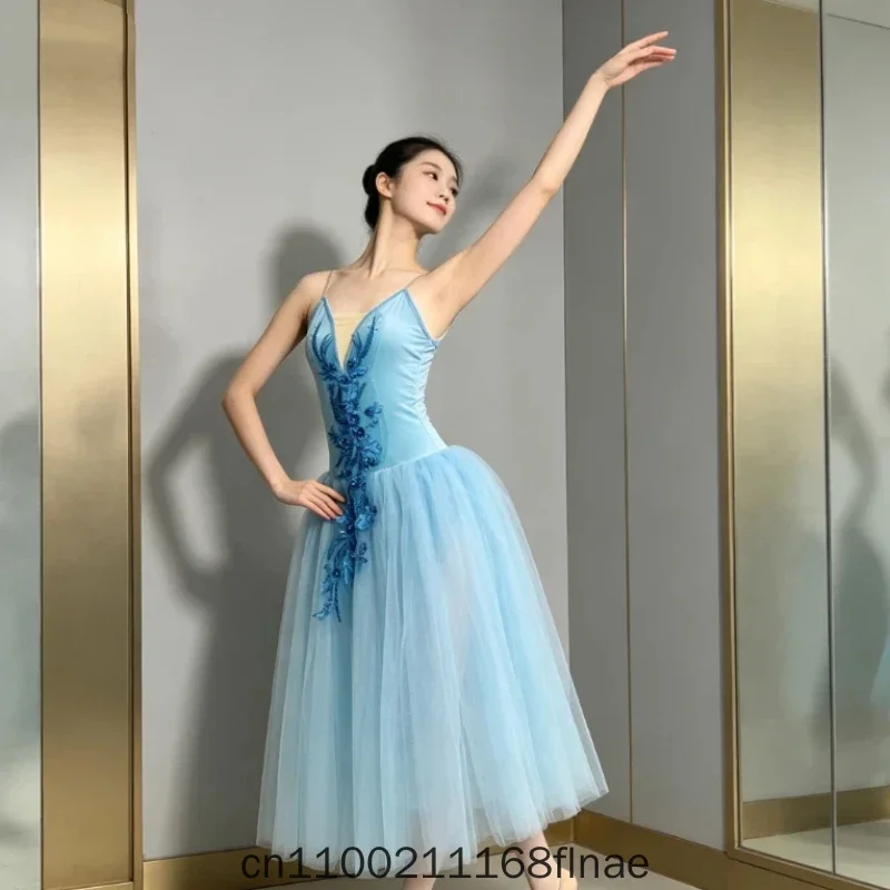 Velvet Ballet Long Skirt Costume Swan Lake Fluffy Tutu Skirt Suspender Dance Outfit For Girls Adult Professional Stage Performan