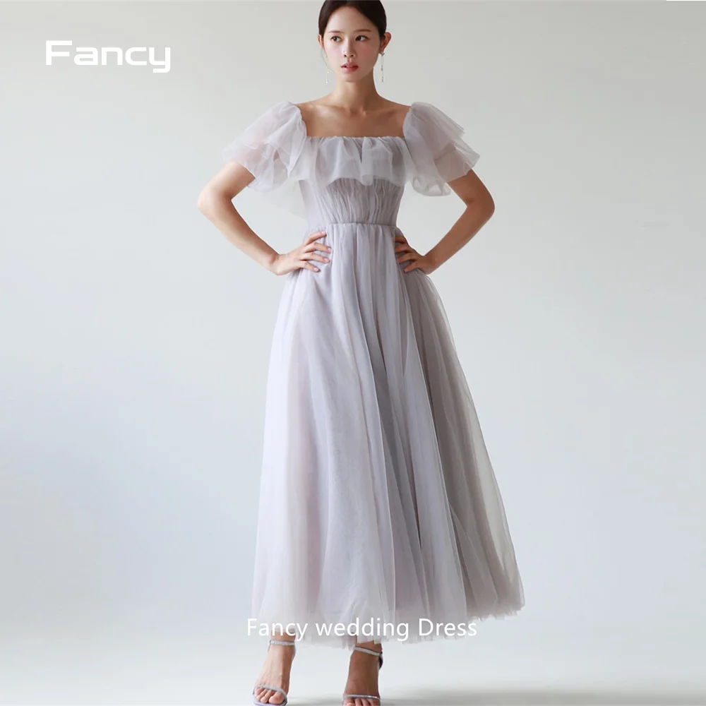 

Fancy Korea Square Neck Wedding Dress Photo Shoot Short Sleeve Ankle Length Bridal Gown Soft Tulle Bridesmaid Dresses