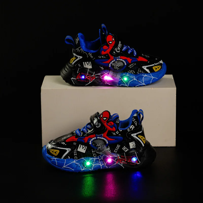 Disney LED Casual Sneakers Red Black For Spring Boys Spiderman Outdoor Shoes Children Podświetlane buty antypoślizgowe Rozmiar 21-30