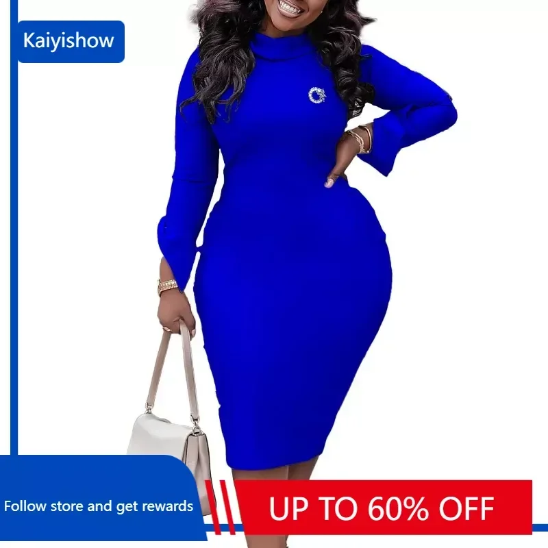 

Autumn Fashion Solid Color Dress African Women Sexy Round Neck Long Sleeve High Waist Wrapped Hip Dress Elegant Commuter Dress