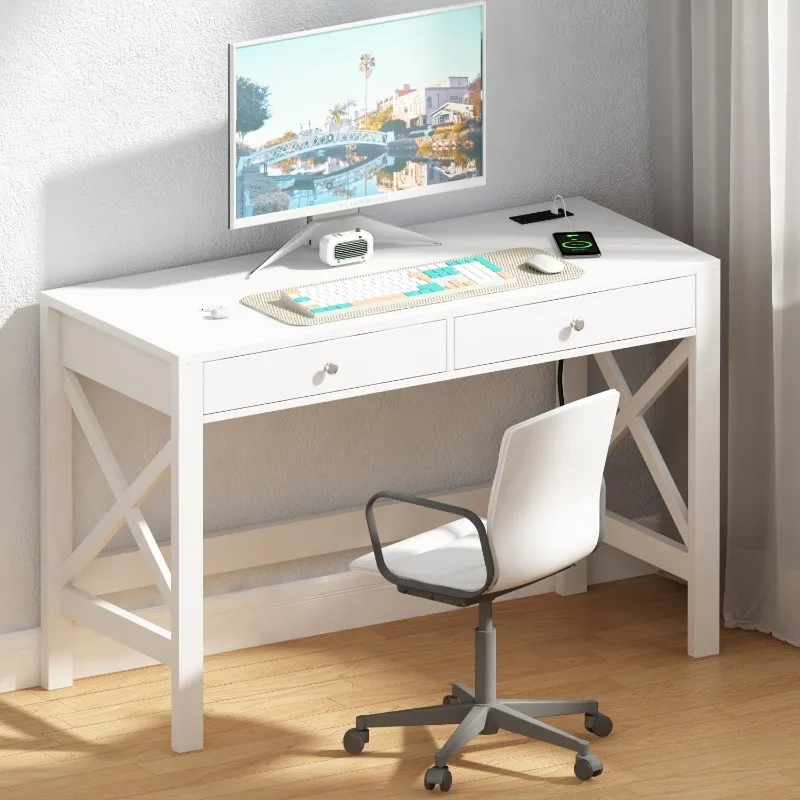 Computer desk with USB charging port and power outlet, 39” white desk with drawers, small writing desk with stabilized X-frame