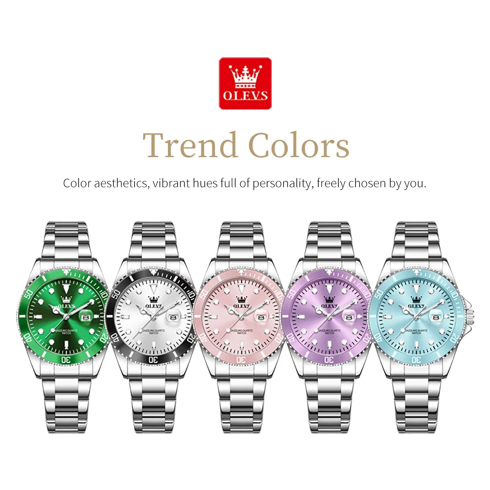 OLEVS 5885 Jam Tangan Wanita Asli Jam Tangan Kuarsa Mewah Terbaik Jam Tangan Tanggal Bercahaya Tahan Air Dial Hijau Klasik Jam Tangan Wanita Asli