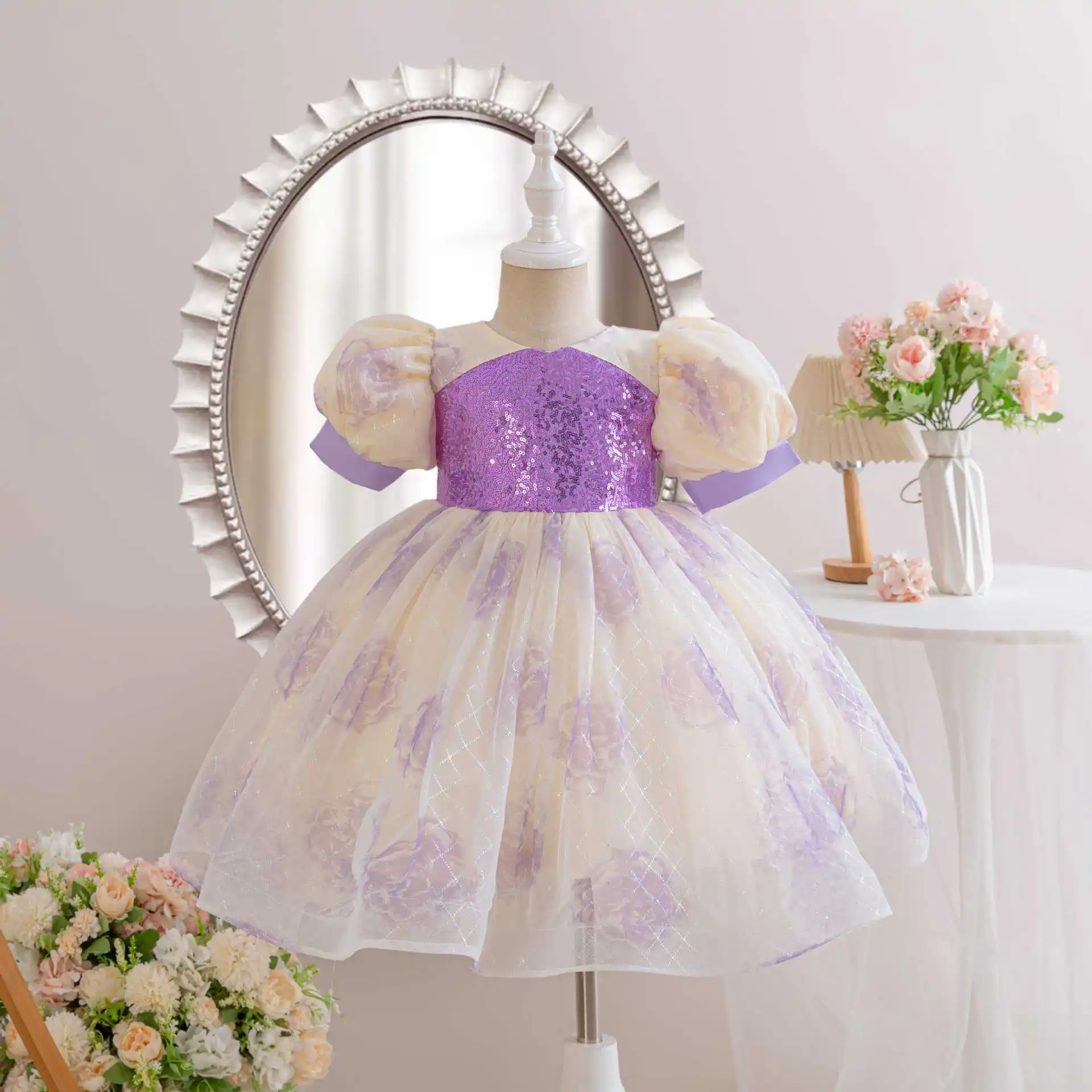 New Kid Floral Print Tulle Party Dress for Occasions Sequins Junior Girl Elegant Dresses Festival Children Clothes 4-12 Years