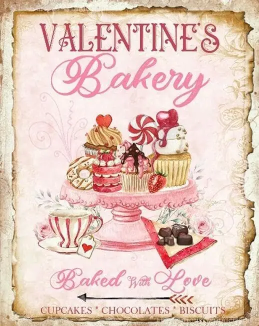 Metal Tin SIgns - Pink Valentine's Bakery Sign - Love Bakery Sign - Hot Cocoa - Shabby Chic Poster - Tin SIgn 12x8 Inch goo sign