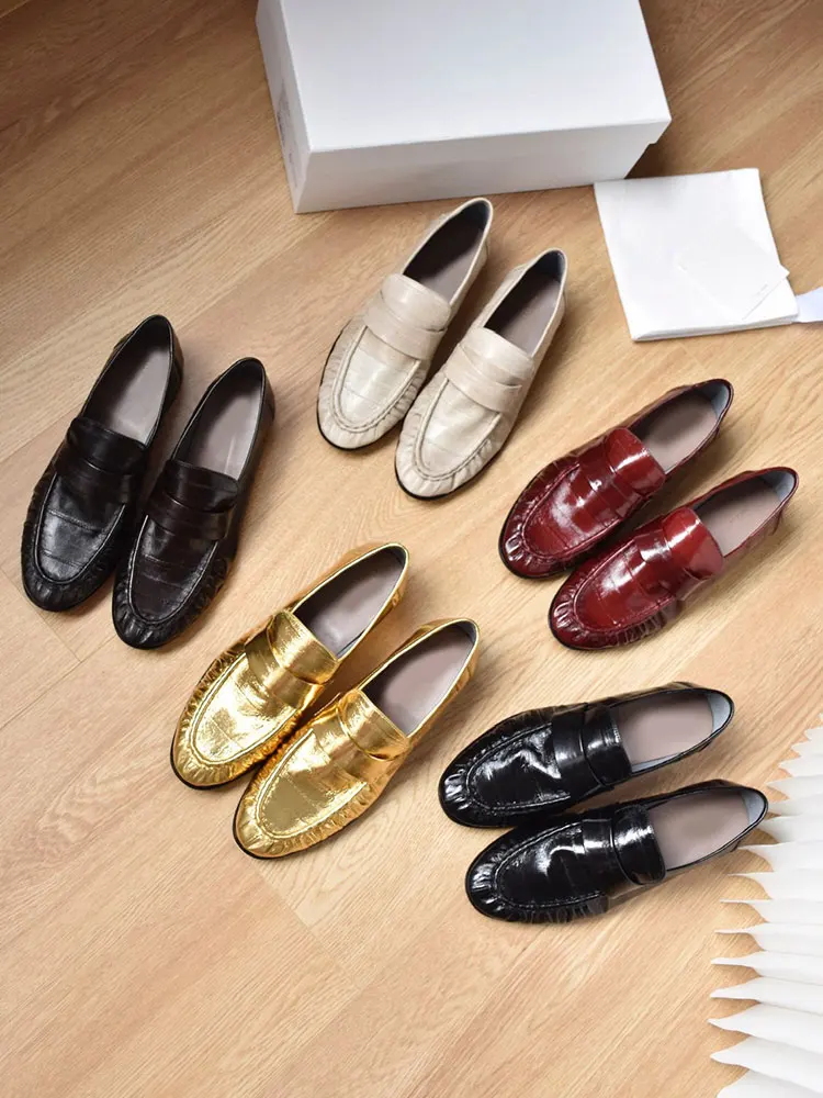 

Женские туфли-балетки из натуральной кожи, весна 2025, с круглым носком, на низком каблуке, без застежек, прочные, с клеевым соединением, в британском стиле, для повседневной носки