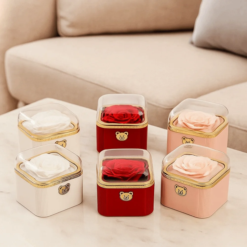 

Fashion Cute Flip Necklace Box Romantic Dustproof Rotating Rose Box Automatic Plastic Necklace Storage Case Birthday