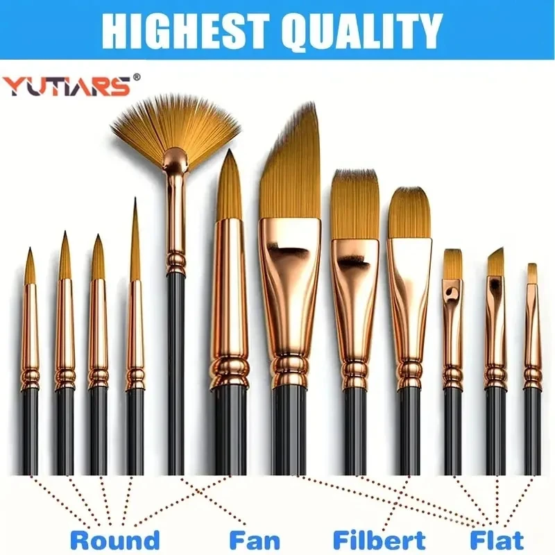 12Piece Nylon Bristle Brush Set, Nylon Flat Brushes Watercolor Brushes Oil Paint Brushes For Artists Amateur Acrylic Painting