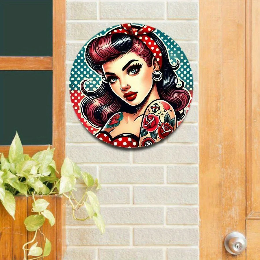 Vintage Rock 'n' Roll Pin-Up Art - 20.32x20.32 cm Round Aluminum Wall Decor with Red Polka Dot Dress & Tattoos, Durable & Waterp