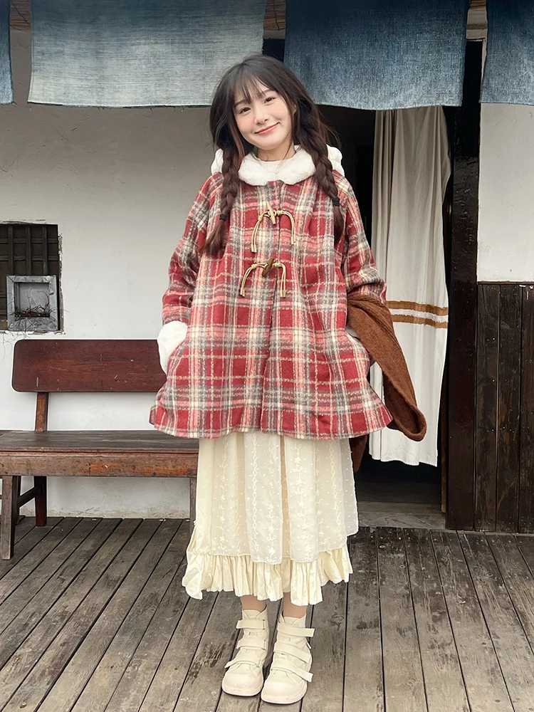 

Женское пальто Douban House Cisas Sle New Year красно-коричневого цвета с капюшоном, шерстяное, в клетку, на хлопковой подкладке, утепленное, средней длины