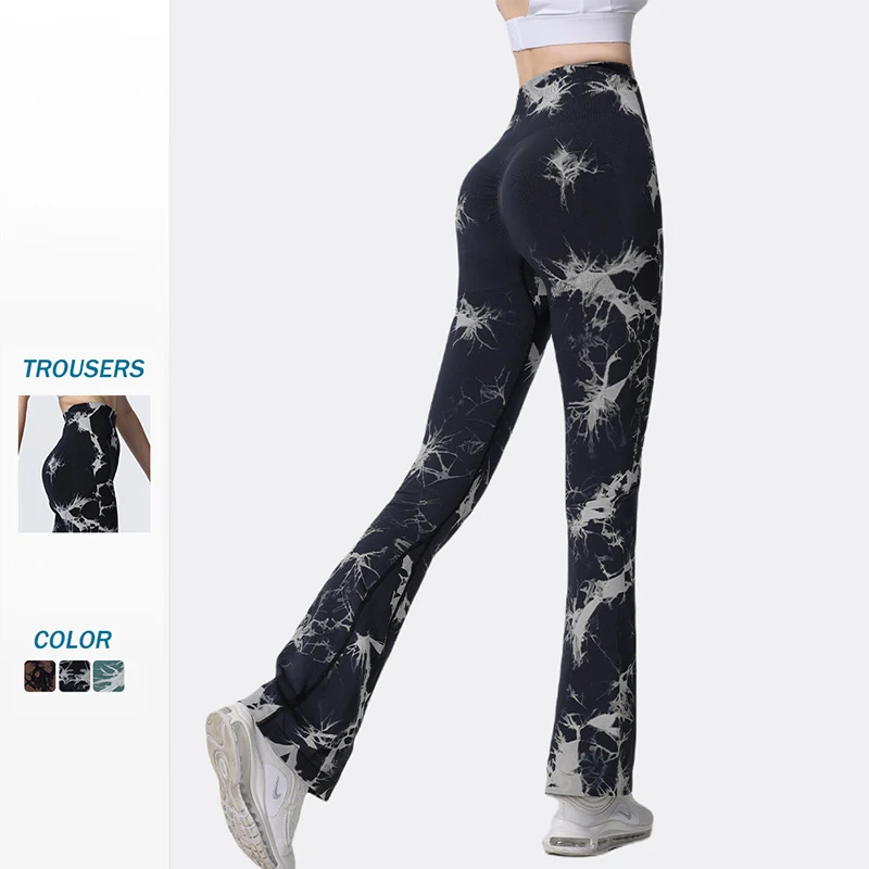 New Tie Dye And Float Flared PantsS Seamless Knit Hip Lifting High Elasticity Quick Drying Running Yoga Pants