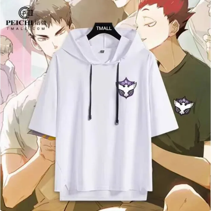 

Anime Haikyuu Shiratorizawa School Hooded Short Sleeve T-Shirt Summer Cosplay Costume Casual Student Loose Tops Anime