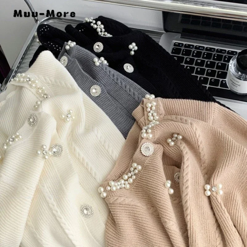 Women Luxury Elegant Beading Knitting Long Sleeve Cardigans 2023 Winter Round Neck Casual Single Breasted Warm Slim Fit Sweater