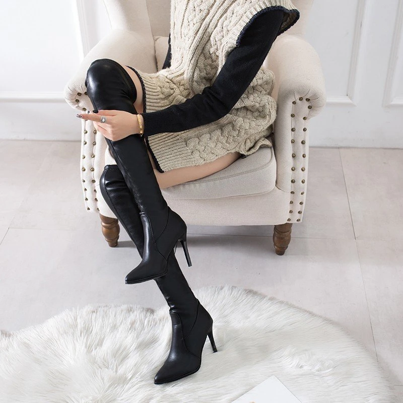 White Women\'s Long Boots Petite Slim Fit High Heel Knee-length Ankle Boots Rubber Upper Pointed Toe For Autumn/winter