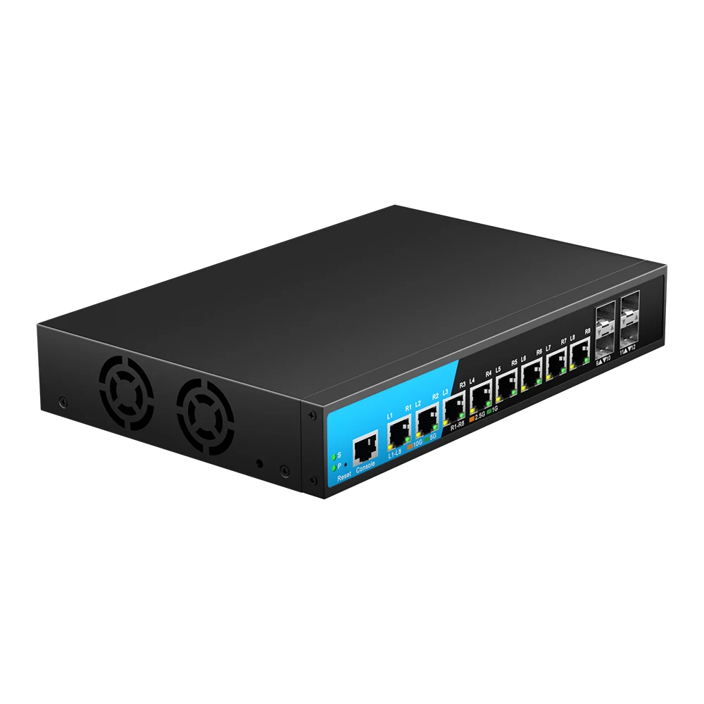 12-portowy zarządzany przełącznik Bullscom 10G Layer 3 |   8x RJ45 + 4x SFP+ Porty |   Rozkładowanie L3, VLAN, QoS |   Przełącznik Ethernet 10 Gb/s