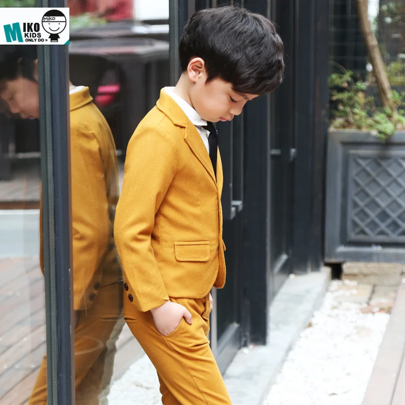 Kids Slim Blazers + Pants 2PCS Party Wedding Suit Flower Boys Orange Dress Children Photography Clothing Set Gentle Prom Costume