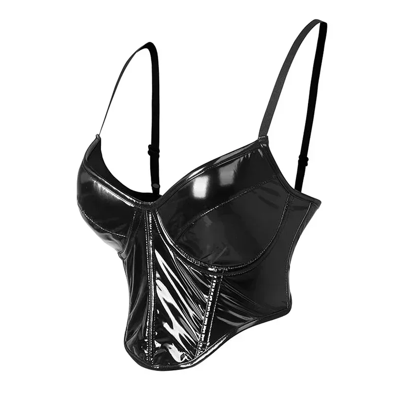 Black PU Leather Overbust Corset Women Sling Sexy Lingerie Slimming Shaper Back Zipper Gothic Bustiers Crop Top