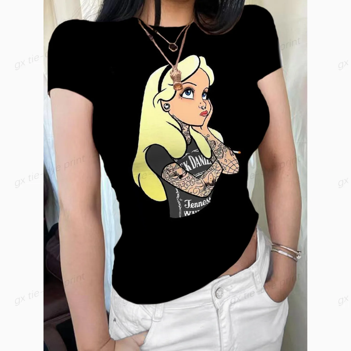 Księżniczka nadruk alicja w krainie czarów kobiety koszulki bluzki czarne Alice T Shirt Femme Top lato nowe