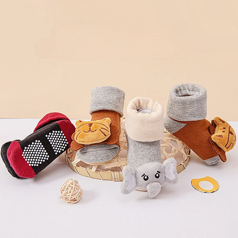 Baby Floor Socks Non-slip 3D Cartoon Doll Socks with Sound Bells for Newborn 6 To 12M Infant Baby Barefoot Shoes Kids Indoor Sox