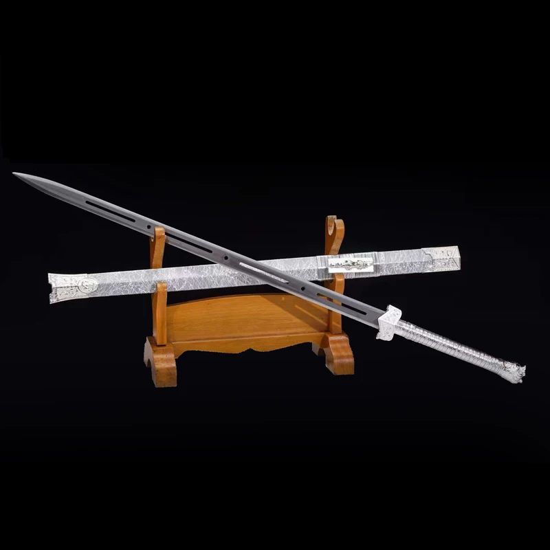 Chinese Sword, Full Size Sword for Sale, Chinese Jian,Hanjian, Metal Sword Hollow Out Blade, Wooden Scabbard-Decoration-Silver