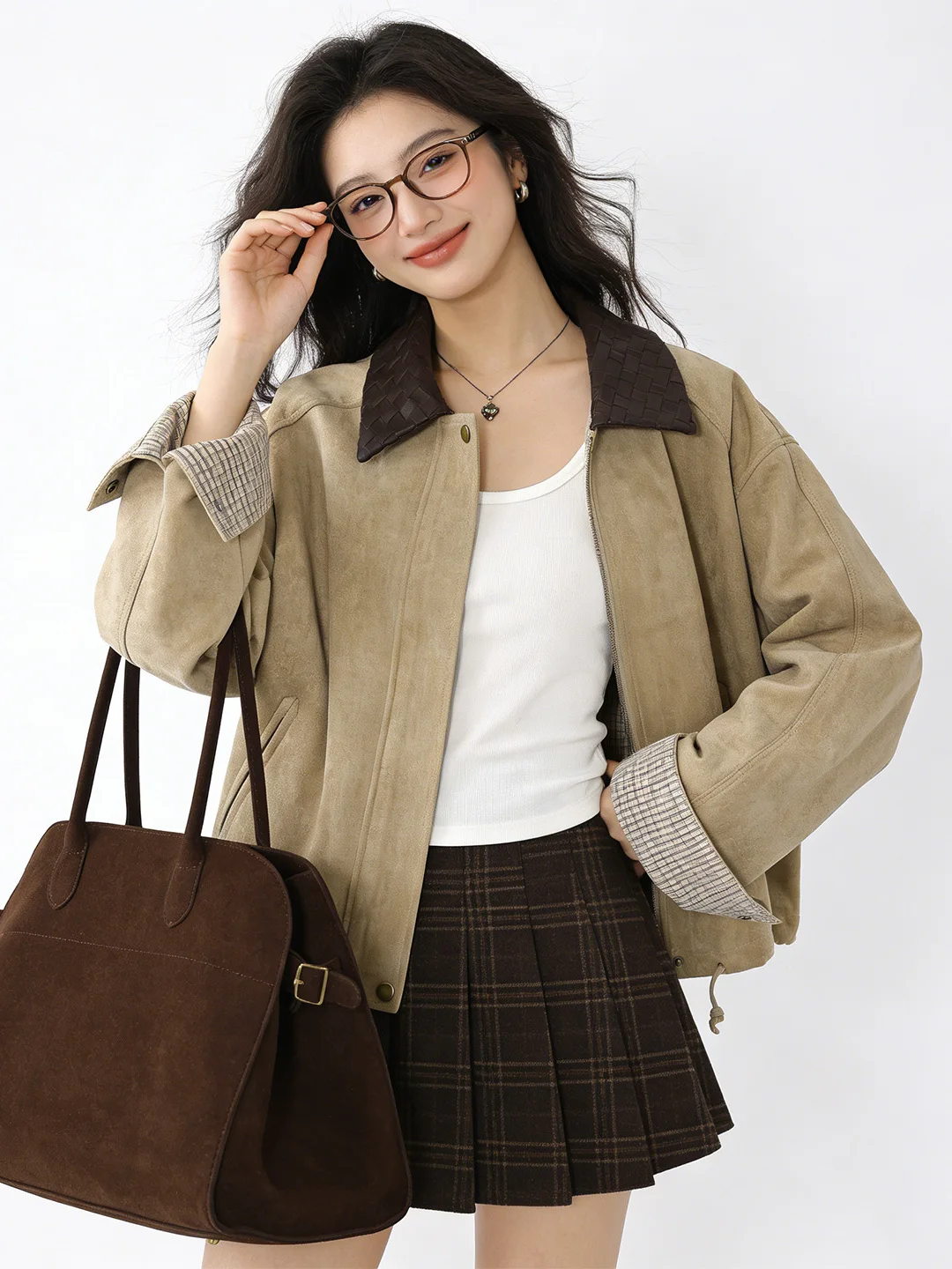 

Корейская демисезонная куртка свободного кроя цвета хаки для женщин, из замши с хлопковой подкладкой, с эффектом похудения