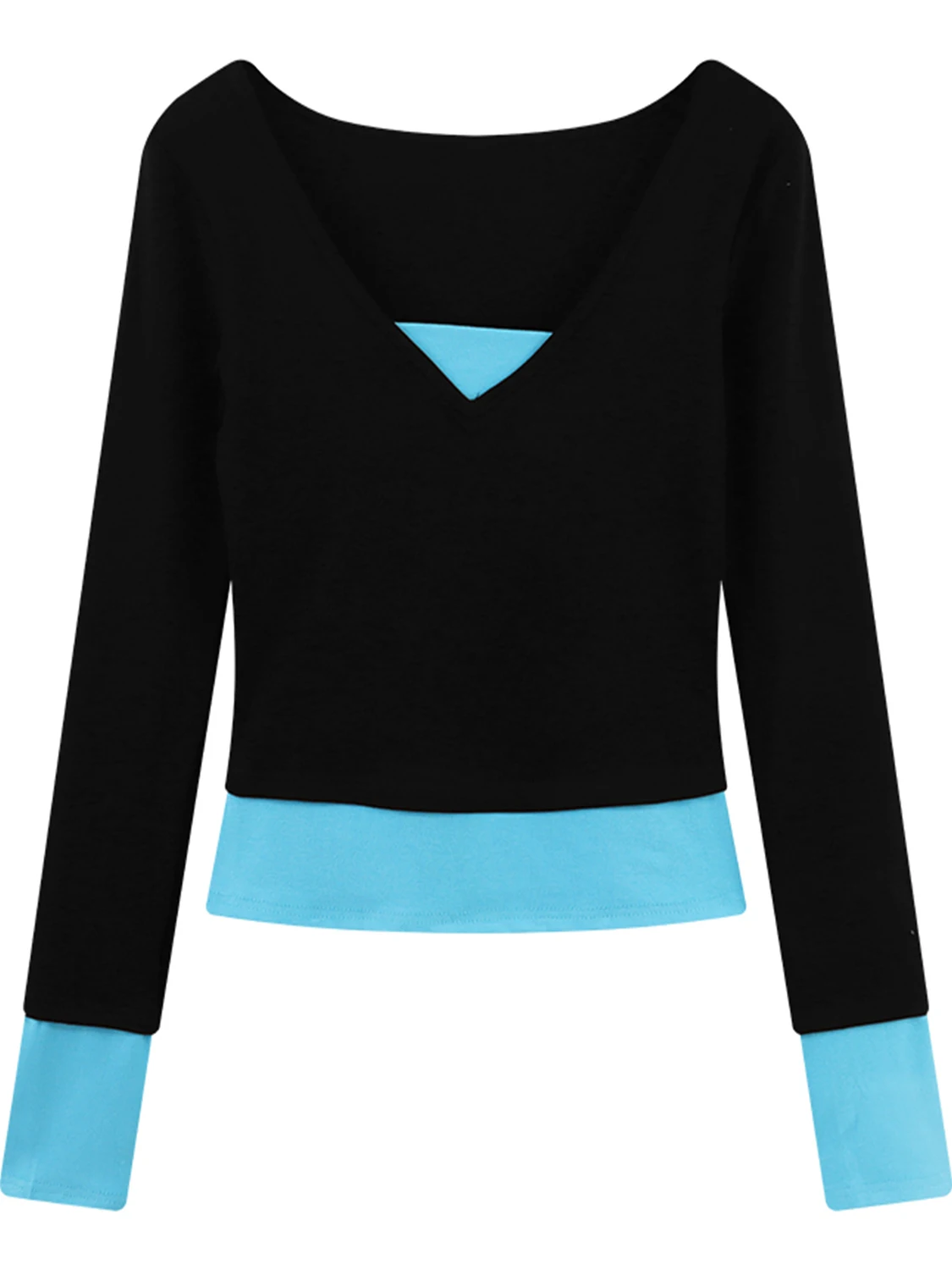 Camiseta Feminina de Outono Estilo Retrô Americano, Efeito Duas Peças, Manga Longa, Tamanho Pequeno, Cor Bloqueada, Ajuste Slim