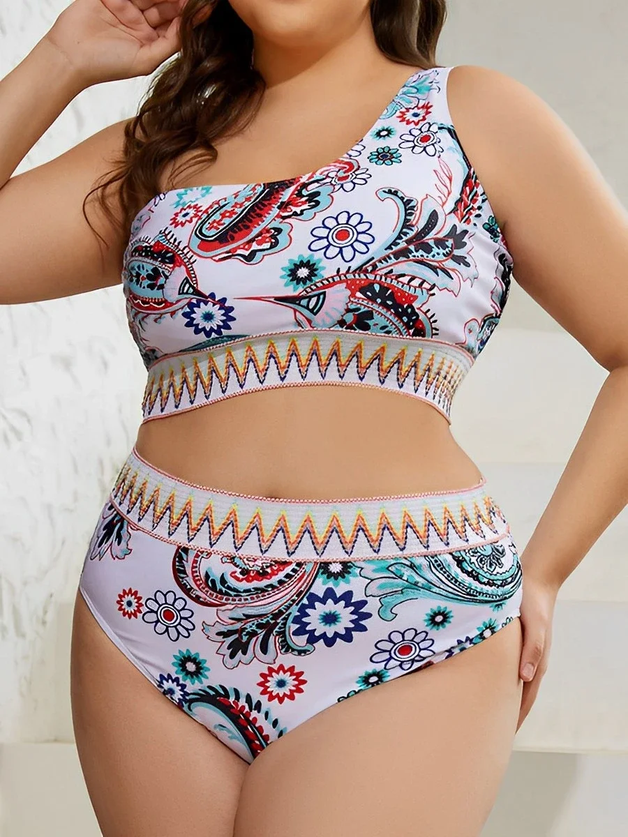 2024 Plus Size Bikini Printed Swimwear Women One Shoulder Swimsuit Female High Waist Beachwear Swimming Bathing Swim Suit