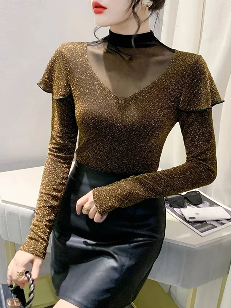 

Winsleter Streetwear Tshirt Long Sleeve Elastic Tees Women Sexy Mock Neck Slim Shiny Lurex Mesh Tops Autumn Winter T30332JM