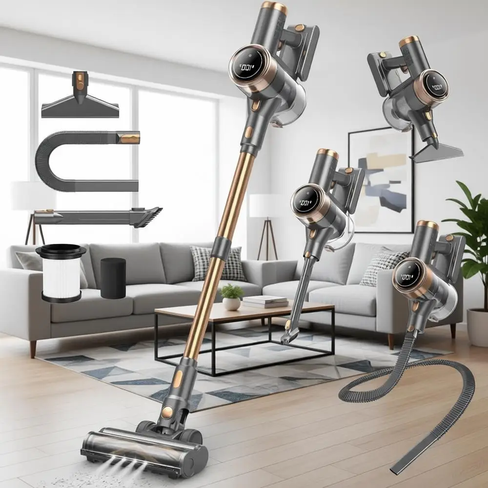 

Легкий вертикальный пылесос 10-в-1, 45 минут работы, мощное всасывание, сенсорное управление LED, перезаряжаемый, для твердых полов и ковров, для шерсти животных (золотой)