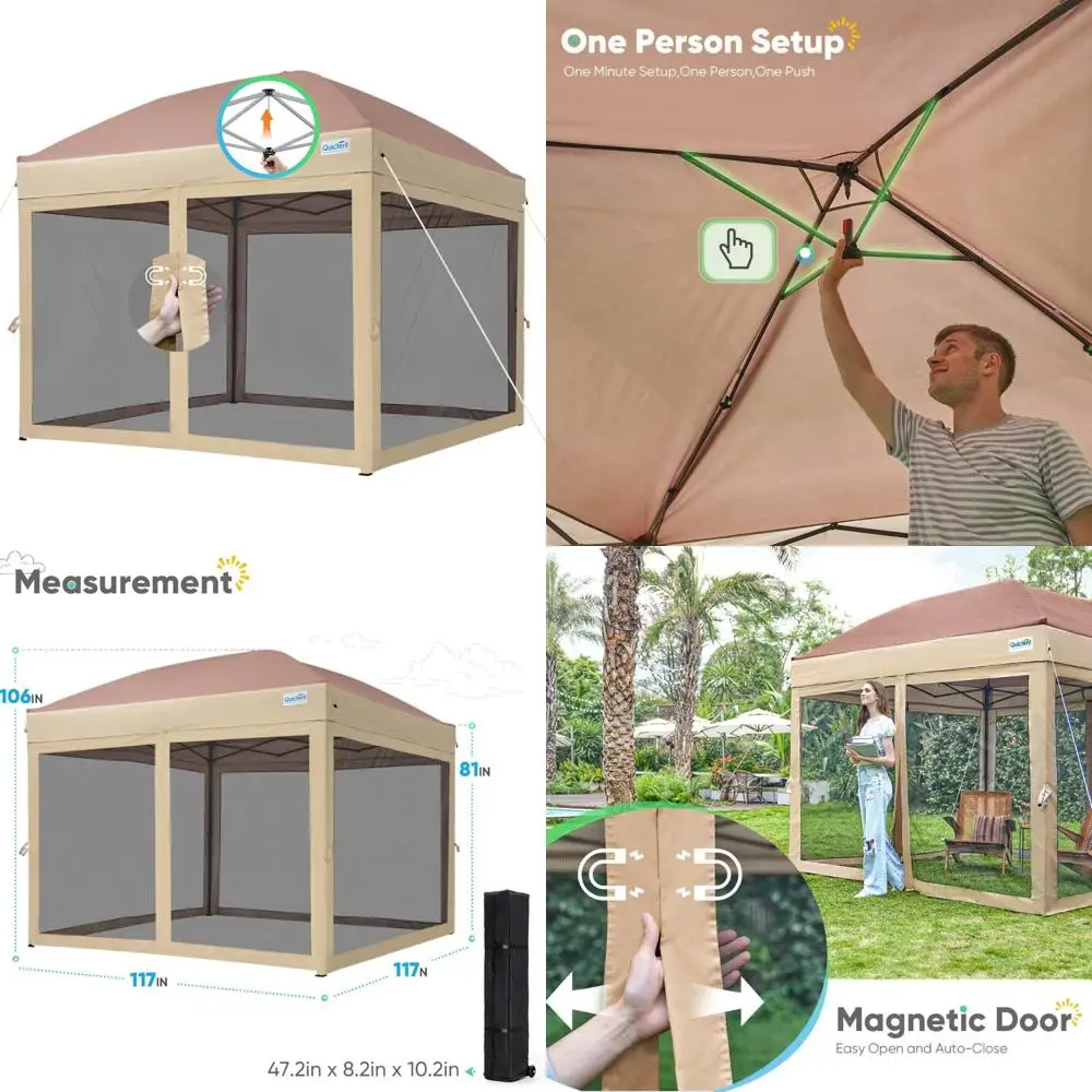 Instalación instantánea Tienda de campaña con dosel emergente de 10x10 con red, montaje para una sola persona, habitación de casa con pantalla, 2 puertas magnéticas blindadas, Ou