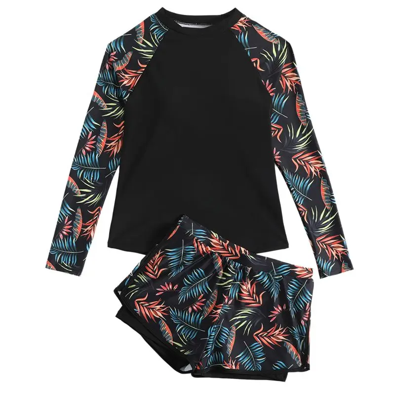 CYL-Women's Long Sleeves Rash Guard - 2 Piece Swimsuits With Built In Bra Swim Shirt And Shorts