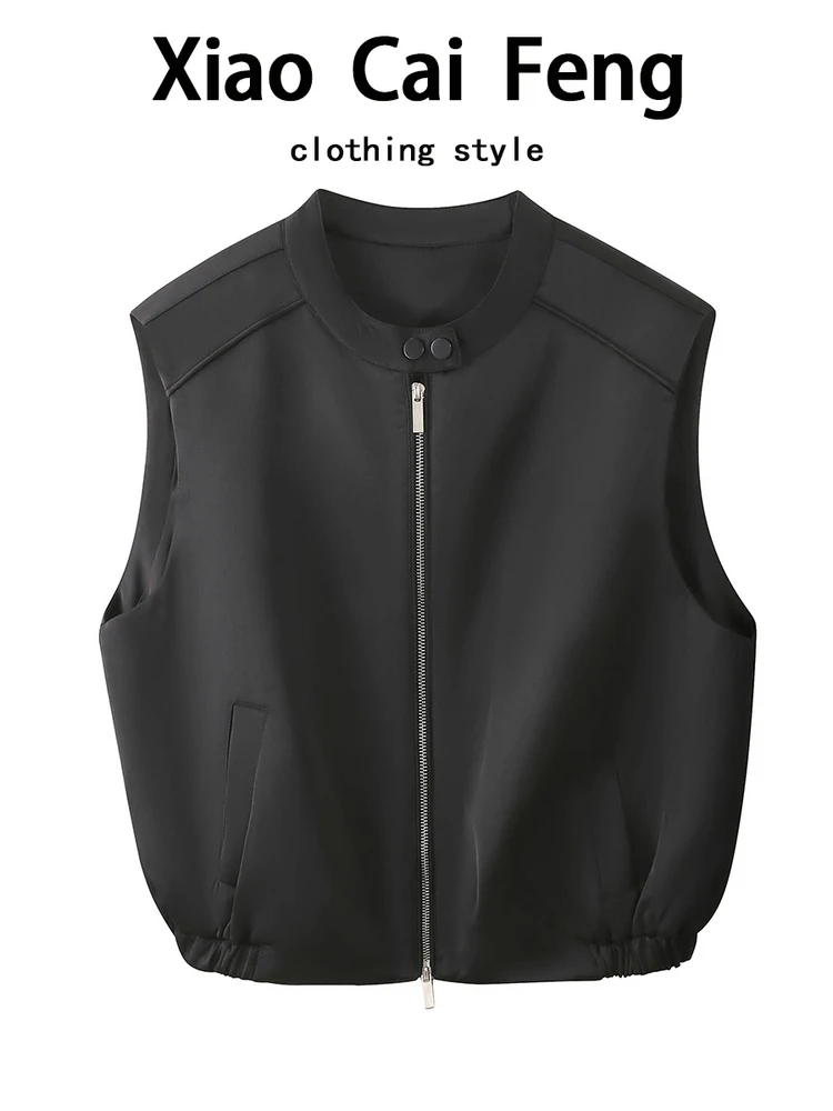 

Simple Casual round Neck Zipper Vest Jacket Women's Loose Versatile Outerwear Trendy Autumn New Style All-Match Outer Layer