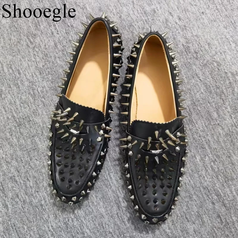 Handmade Studs Spike Genuine Leather Black Loafers Comfortable Rivets Newest Fashion Slip-On Men\'s Shoes Party Wedding Shoes