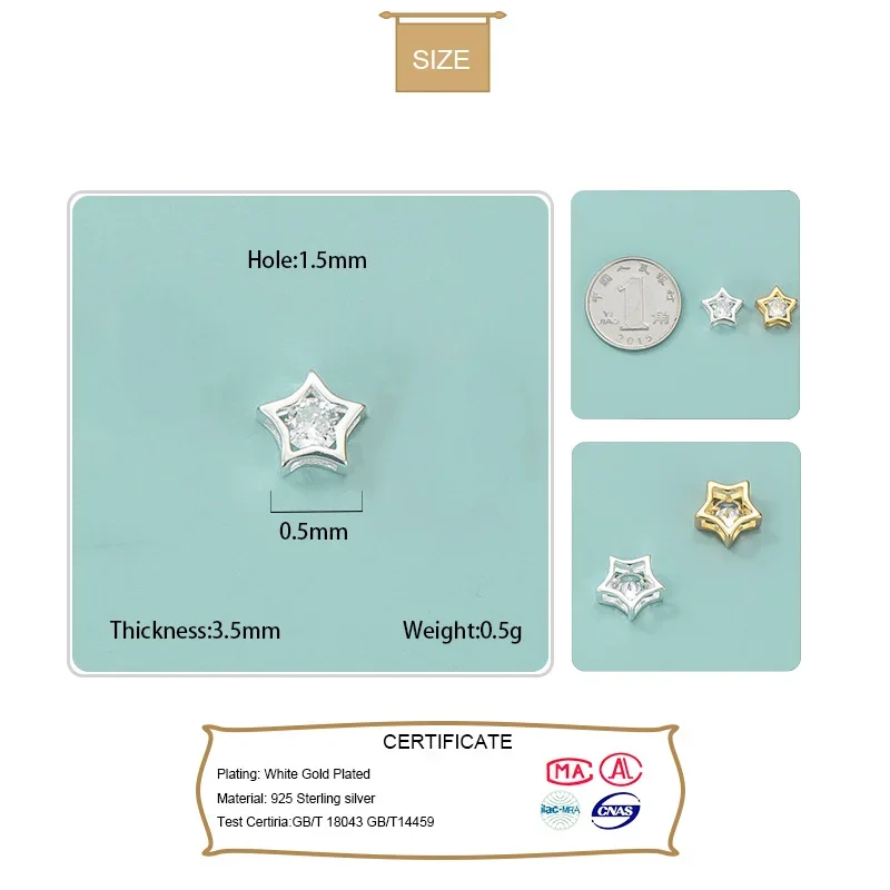 TrustDavis Real Sterling Silver Fashion Star CZ Round Interval Bead Charm Beads Handmade DIY Accessories Fine Jewelry HY682