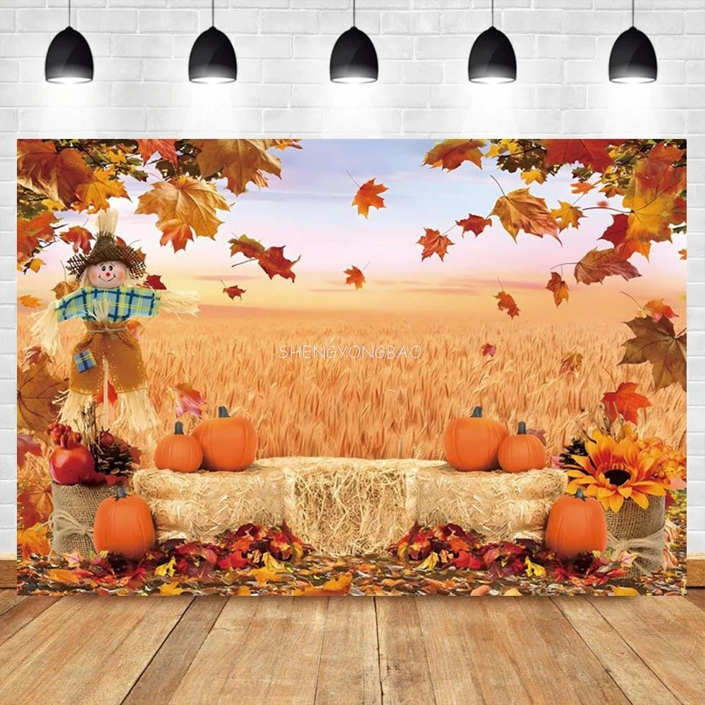 

Thanksgiving Day Fall Forest Backdrop Pumpkin Harvest Hay Maple Leaves Baby Birthday Party Decor Photography Background JC-54